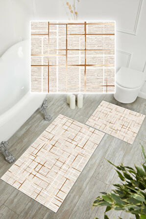 Dijital Baskı Çizgi Desen Kaymaz Taban 2li Set Banyo Paspası Klozet Takımı (50x60cm-60x100cm)