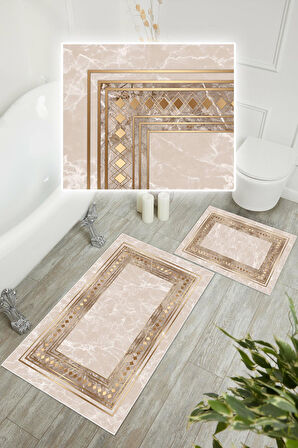 Dijital Baskı Çerçeveli Kaymaz Taban 2li Set Banyo Paspası Klozet Takımı (50x60cm-60x100cm)