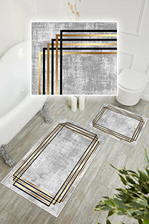 Dijital Baskı Çerçeveli Kaymaz Taban 2li Set Banyo Paspası Klozet Takımı (50x60cm-60x100cm)