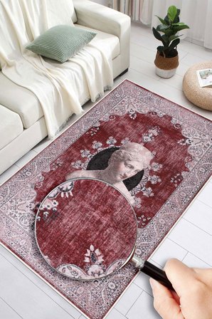 Antik Büst Desenli Bordo Kaymaz Taban Yıkanabilir Halı