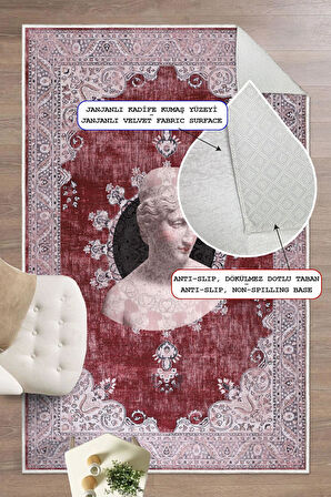 Antik Büst Desenli Bordo Kaymaz Taban Yıkanabilir Halı