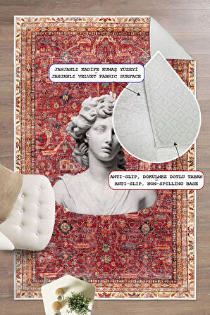 Bordo Kilim Antik Büst Desenli Kaymaz Taban Yıkanabilir Halı