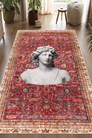 Bordo Kilim Antik Büst Desenli Kaymaz Taban Yıkanabilir Halı