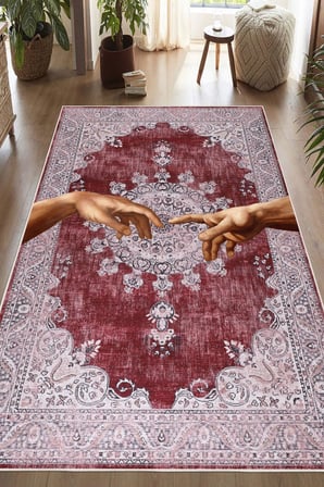 Yıkanabilir Modern Sanat Desenli Bordo Dijital Baskı Halı