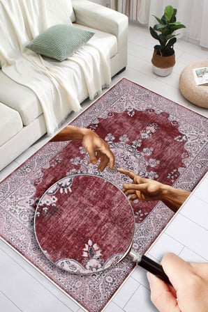 Yıkanabilir Modern Sanat Desenli Bordo Dijital Baskı Halı