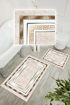 Dijital Baskı Çerçeveli Kaymaz Taban 2li Set Banyo Paspası Klozet Takımı (50x60cm-60x100cm)