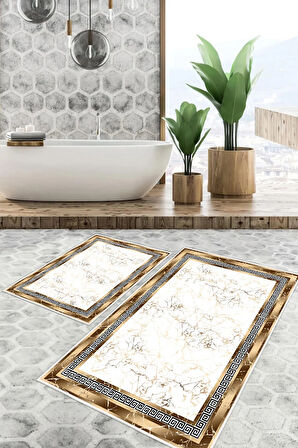 Dijital Baskı Çerçeveli Kaymaz Taban 2li Set Banyo Paspası Klozet Takımı (50x60cm-60x100cm)