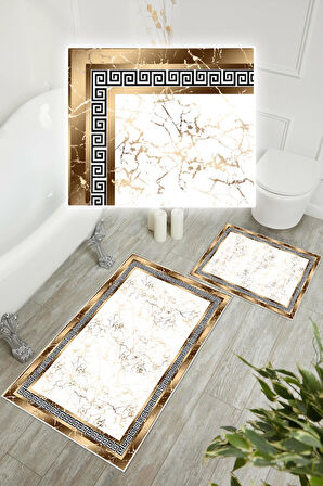 Dijital Baskı Çerçeveli Kaymaz Taban 2li Set Banyo Paspası Klozet Takımı (50x60cm-60x100cm)
