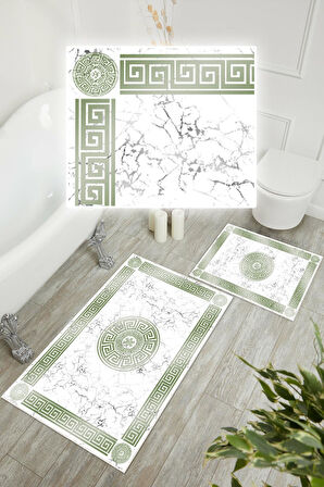 Dijital Baskı Mermer Desen Kaymaz Taban 2li Set Banyo Paspası Klozet Takımı (50x60cm-60x100cm)