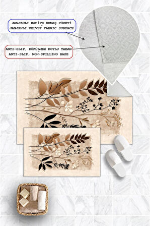 Dijital Baskı Yaprak Desen Kaymaz Taban 2li Set Banyo Paspası Klozet Takımı (50x60cm-60x100cm)