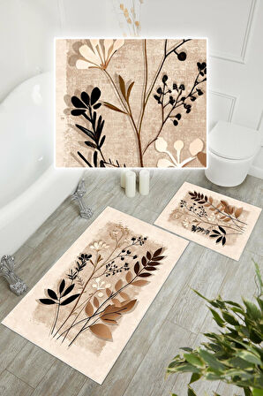Dijital Baskı Yaprak Desen Kaymaz Taban 2li Set Banyo Paspası Klozet Takımı (50x60cm-60x100cm)