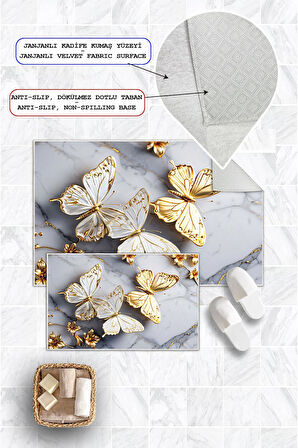 Dijital Baskı Kelebek Desen Kaymaz Taban 2li Set Banyo Paspası Klozet Takımı (50x60cm-60x100cm)