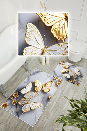 Dijital Baskı Kelebek Desen Kaymaz Taban 2li Set Banyo Paspası Klozet Takımı (50x60cm-60x100cm)
