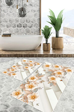 Dijital Baskı Çicek Desen Kaymaz Taban 2li Set Banyo Paspası Klozet Takımı (50x60cm-60x100cm)