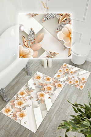 Dijital Baskı Çicek Desen Kaymaz Taban 2li Set Banyo Paspası Klozet Takımı (50x60cm-60x100cm)