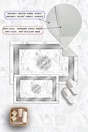 Dijital Baskı Mermer Desen Kaymaz Taban 2li Set Banyo Paspası Klozet Takımı (50x60cm-60x100cm)