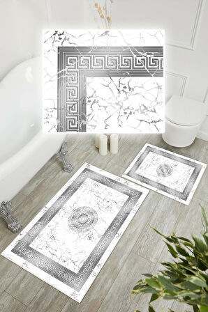 Dijital Baskı Mermer Desen Kaymaz Taban 2li Set Banyo Paspası Klozet Takımı (50x60cm-60x100cm)