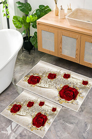 Dijital Baskı Gül Desen Kaymaz Taban 2li Set Banyo Paspası Klozet Takımı (50x60cm-60x100cm)