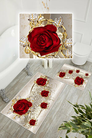 Dijital Baskı Gül Desen Kaymaz Taban 2li Set Banyo Paspası Klozet Takımı (50x60cm-60x100cm)