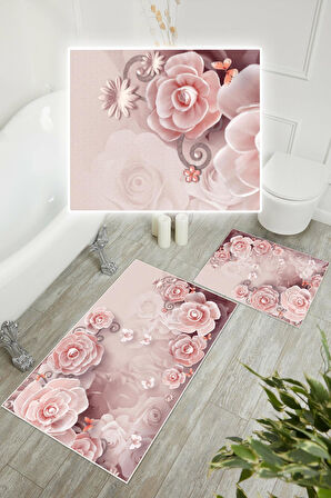 Dijital Baskı Gül Desen Kaymaz Taban 2li Set Banyo Paspası Klozet Takımı (50x60cm-60x100cm)