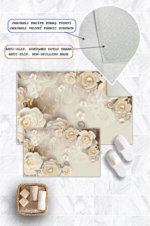 Dijital Baskı Gül Desen Kaymaz Taban 2li Set Banyo Paspası Klozet Takımı (50x60cm-60x100cm)