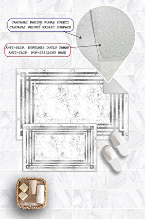 Dijital Baskı Mermer Desen Kaymaz Taban 2li Set Banyo Paspası Klozet Takımı (50x60cm-60x100cm)