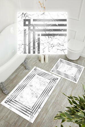 Dijital Baskı Mermer Desen Kaymaz Taban 2li Set Banyo Paspası Klozet Takımı (50x60cm-60x100cm)