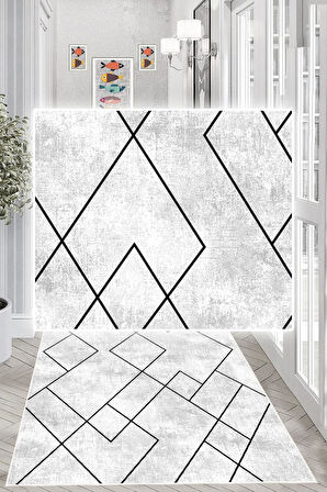 Dijital Baskılı Geometrik Desen Dekoratif Kaymaz Taban Yıkanabilir Yolluk Antre Hol Halısı Salon Halısı