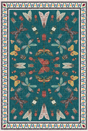 Dijital Baskılı Renkli Kelebek Desenli  Kaymaz Taban Yıkanabilir Halı