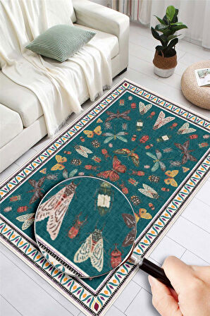 Dijital Baskılı Renkli Kelebek Desenli  Kaymaz Taban Yıkanabilir Halı