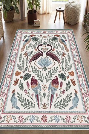 Dijital Baskılı Renkli Flamingo Desenli  Kaymaz Taban Yıkanabilir Halı