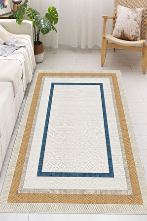 Modern Çerçeve Desenli Dekoratif Kaymaz Taban Yıkanabilir Salon Halısı