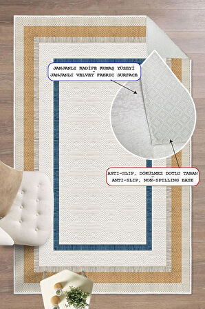 Modern Çerçeve Desenli Dekoratif Kaymaz Taban Yıkanabilir Salon Halısı