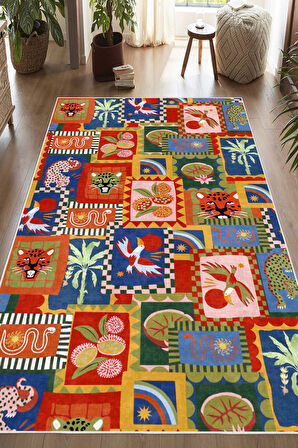 Dijital Baskılı Modern Hayvan Desenli Çok Renkli Kaymaz Taban Yıkanabilir Halı