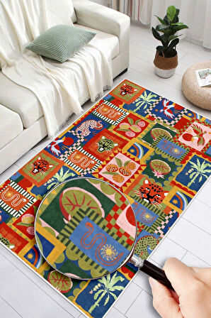 Dijital Baskılı Modern Hayvan Desenli Çok Renkli Kaymaz Taban Yıkanabilir Halı