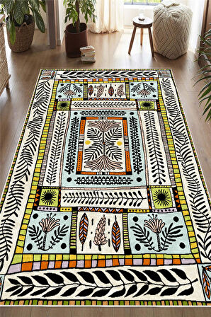 Dijital Baskılı Renkli Çiçek Motifli Kaymaz Taban Yıkanabilir Halı