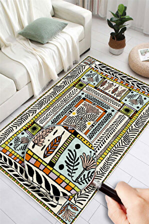 Dijital Baskılı Renkli Çiçek Motifli Kaymaz Taban Yıkanabilir Halı