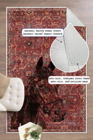 Kilim Desenli At Figurlu Yıkanabilir Kaymaz Taban Bordo Halı