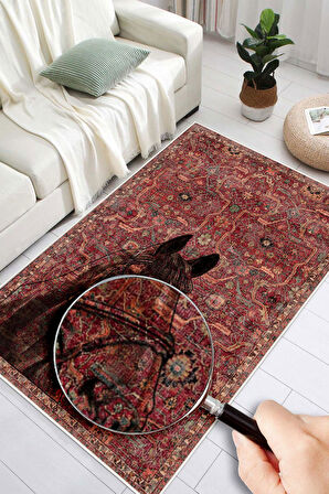 Kilim Desenli At Figurlu Yıkanabilir Kaymaz Taban Bordo Halı