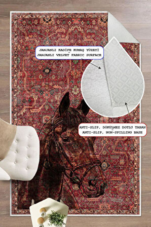 Kilim Desenli At Figurlu Yıkanabilir Kaymaz Taban Bordo Halı