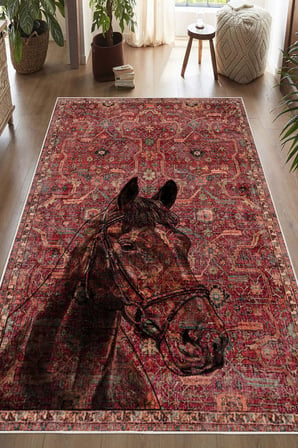 Kilim Desenli At Figurlu Yıkanabilir Kaymaz Taban Bordo Halı