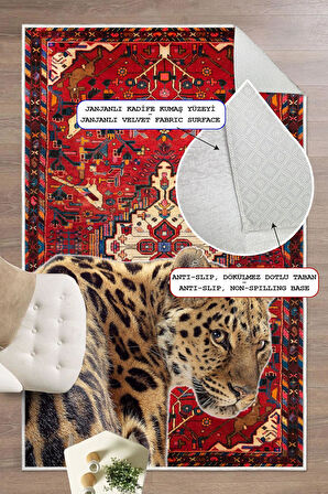 Bordo Etnik Desenli Leopar Figürlü Yıkanabilir Kaymaz Halı 
