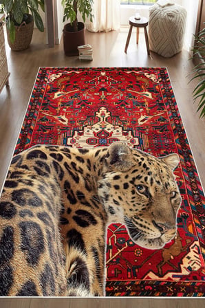 Bordo Etnik Desenli Leopar Figürlü Yıkanabilir Kaymaz Halı 