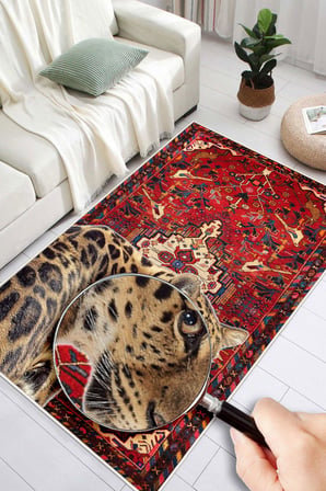 Bordo Etnik Desenli Leopar Figürlü Yıkanabilir Kaymaz Halı 