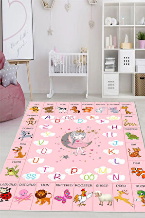 Dijital Baskılı Dekoratif Kaymaz Taban Yıkanabilir Alfabe Temalı Eğitici ve Öğretici Çocuk Halısı
