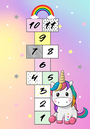 Dijital Baskılı Dekoratif Kaymaz Taban Yıkanabilir Unicorn Temalı Seksek Çocuk Halısı