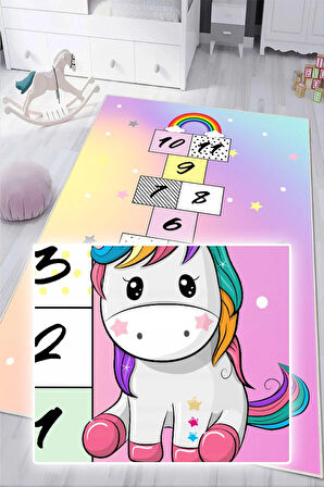 Dijital Baskılı Dekoratif Kaymaz Taban Yıkanabilir Unicorn Temalı Seksek Çocuk Halısı