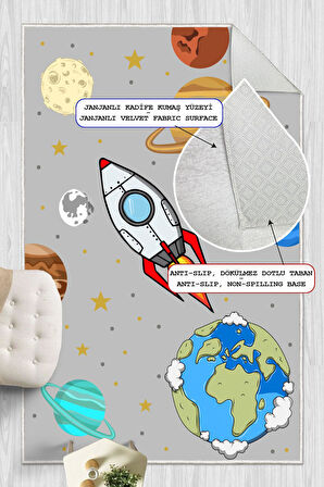 Dijital Baskılı Dekoratif Kaymaz Taban Yıkanabilir Gezegenler Temalı Modern Çocuk Halısı