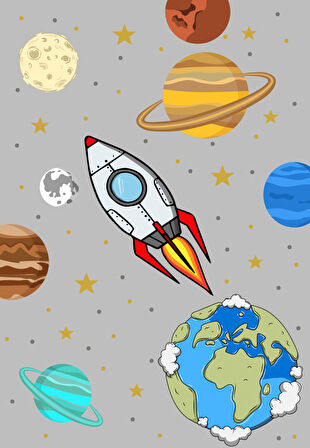 Dijital Baskılı Dekoratif Kaymaz Taban Yıkanabilir Gezegenler Temalı Modern Çocuk Halısı