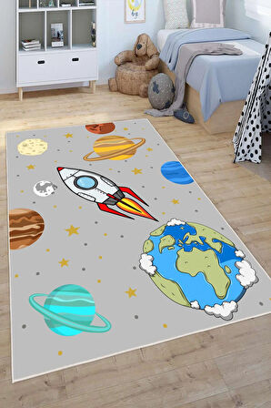 Dijital Baskılı Dekoratif Kaymaz Taban Yıkanabilir Gezegenler Temalı Modern Çocuk Halısı